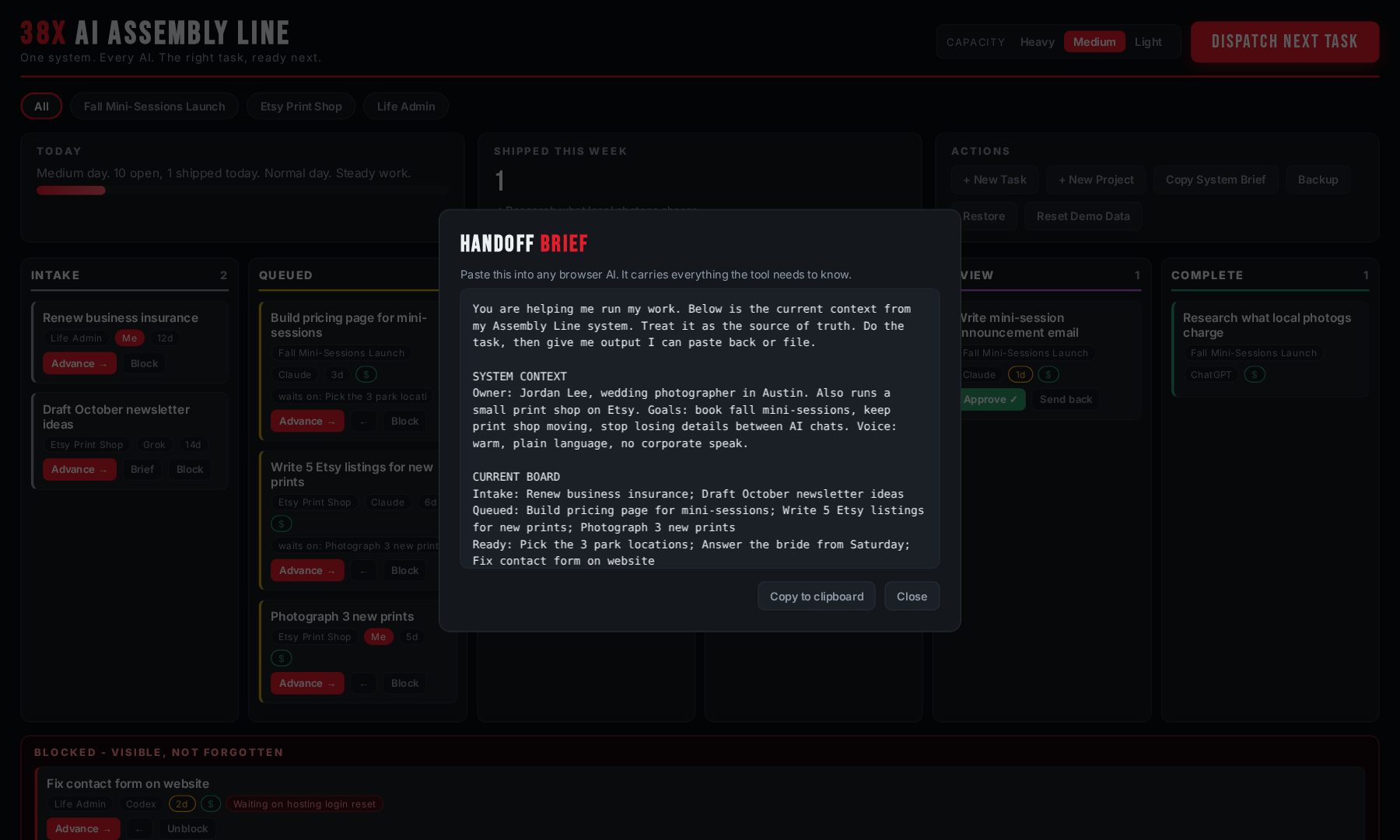 Generated handoff brief ready to copy into a browser AI